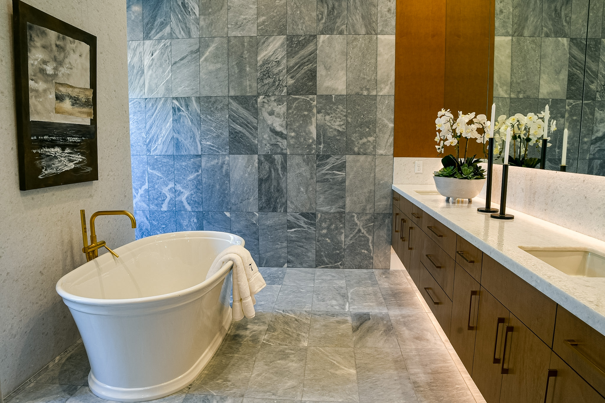 Bathroom remodel with blue marble tile